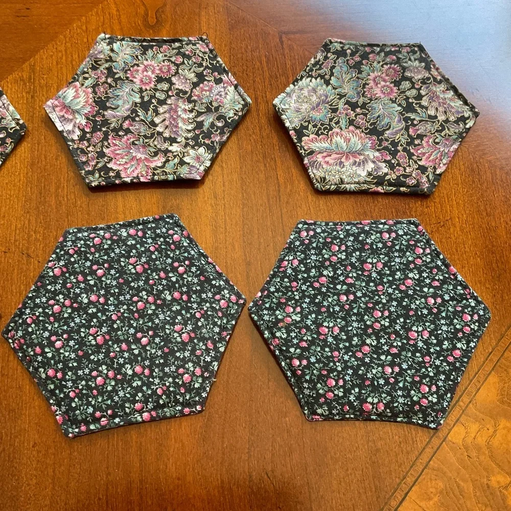 Hand Quilted Floral Hexagon Coasters Two Sided Designs, Set of Six, GORGEOUS NEW